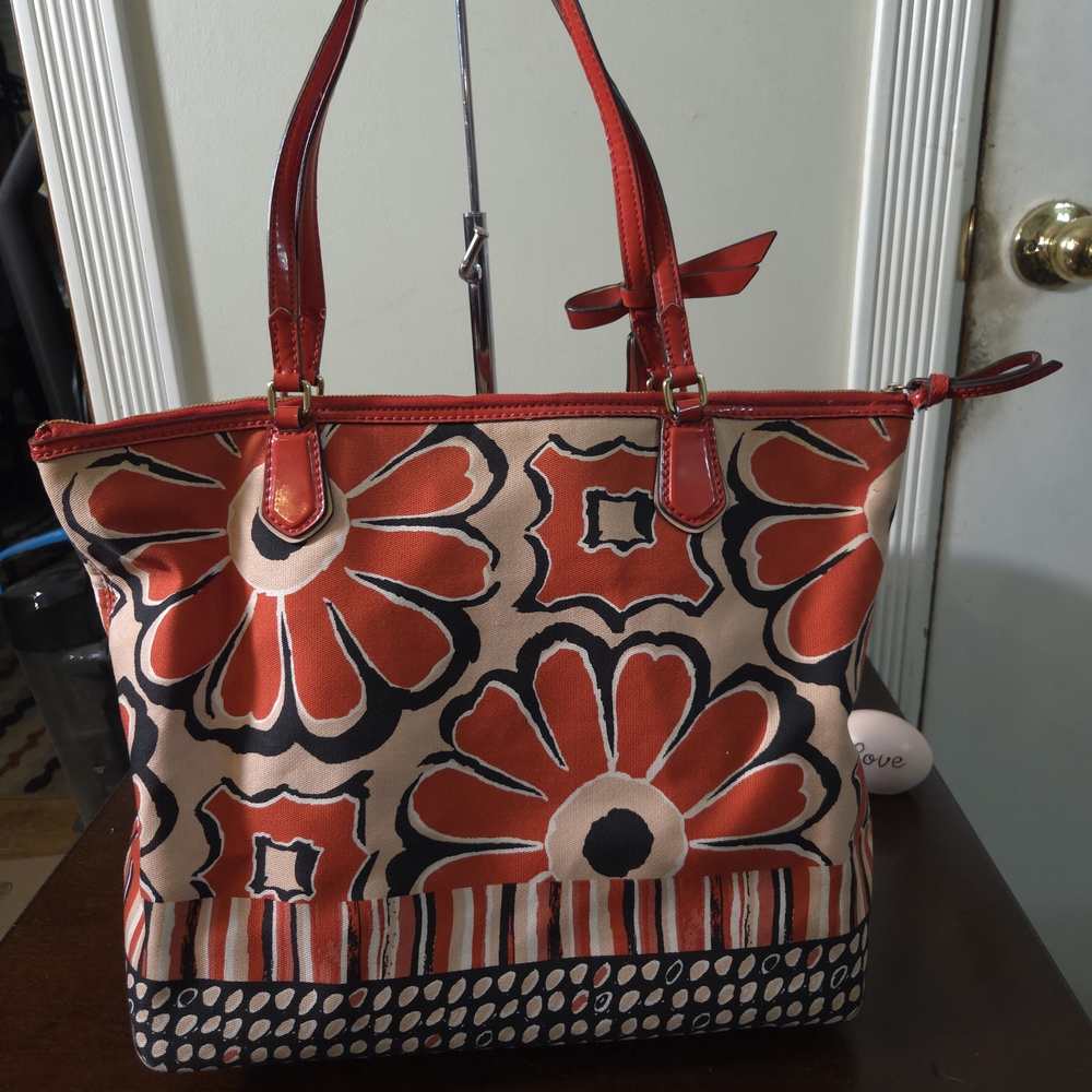 Coach Floral Canvas Tote in Red, Black, Cream - Picture 3 of 9